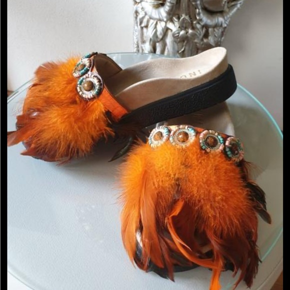 INUIKII black / orange feather hand beaded strap sandals retail $225 size 38 - Picture 1 of 4